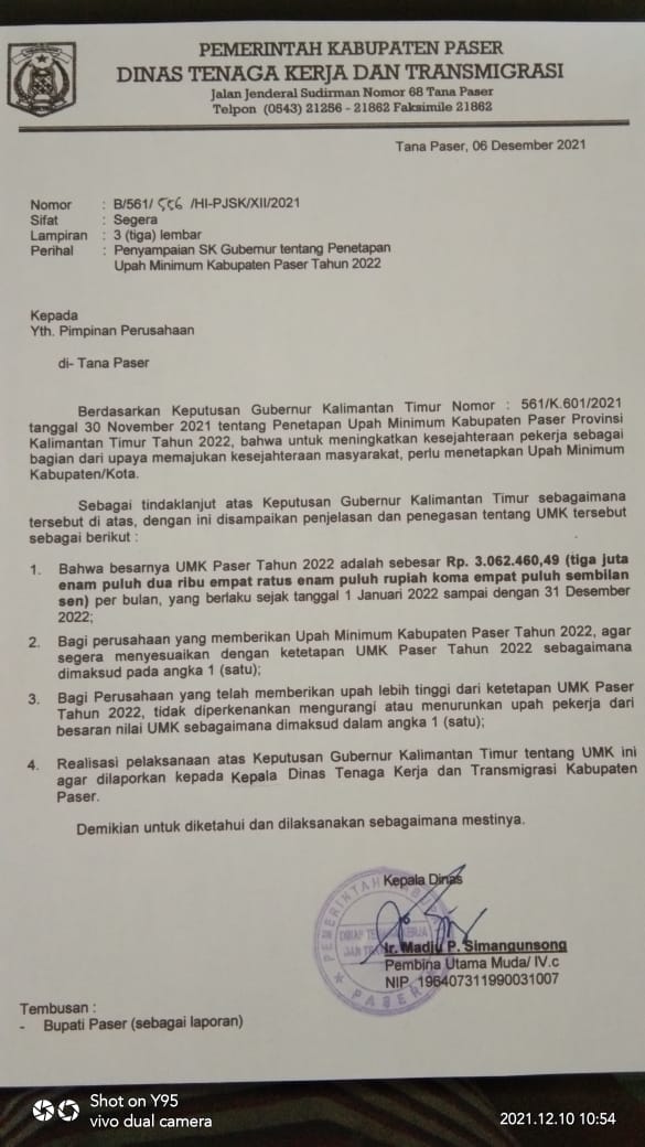 SK Gubernur  Kalimantan Timur Tentang Penetapan UMK Paser Tahun 2022