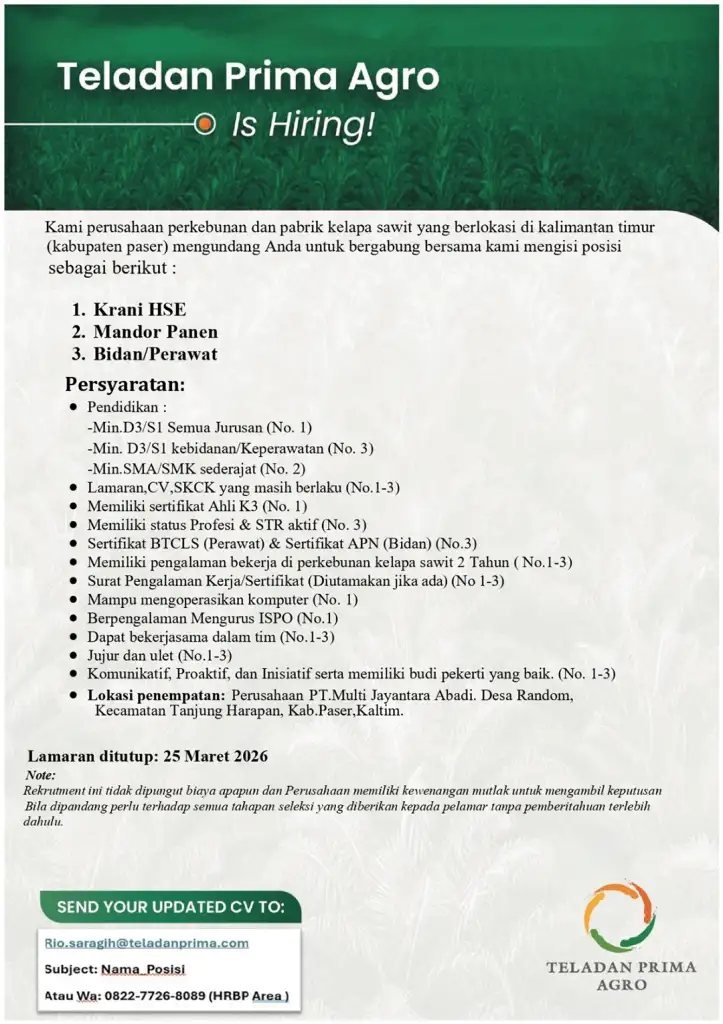 Informasi Rekrutmen PT. Teladan Prima Agro